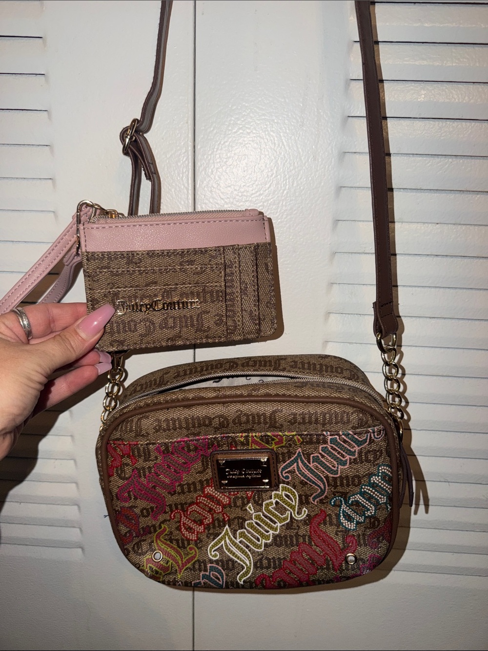 Juicy Couture Multicolor Logo Print Crossbody Bag with matching card holder